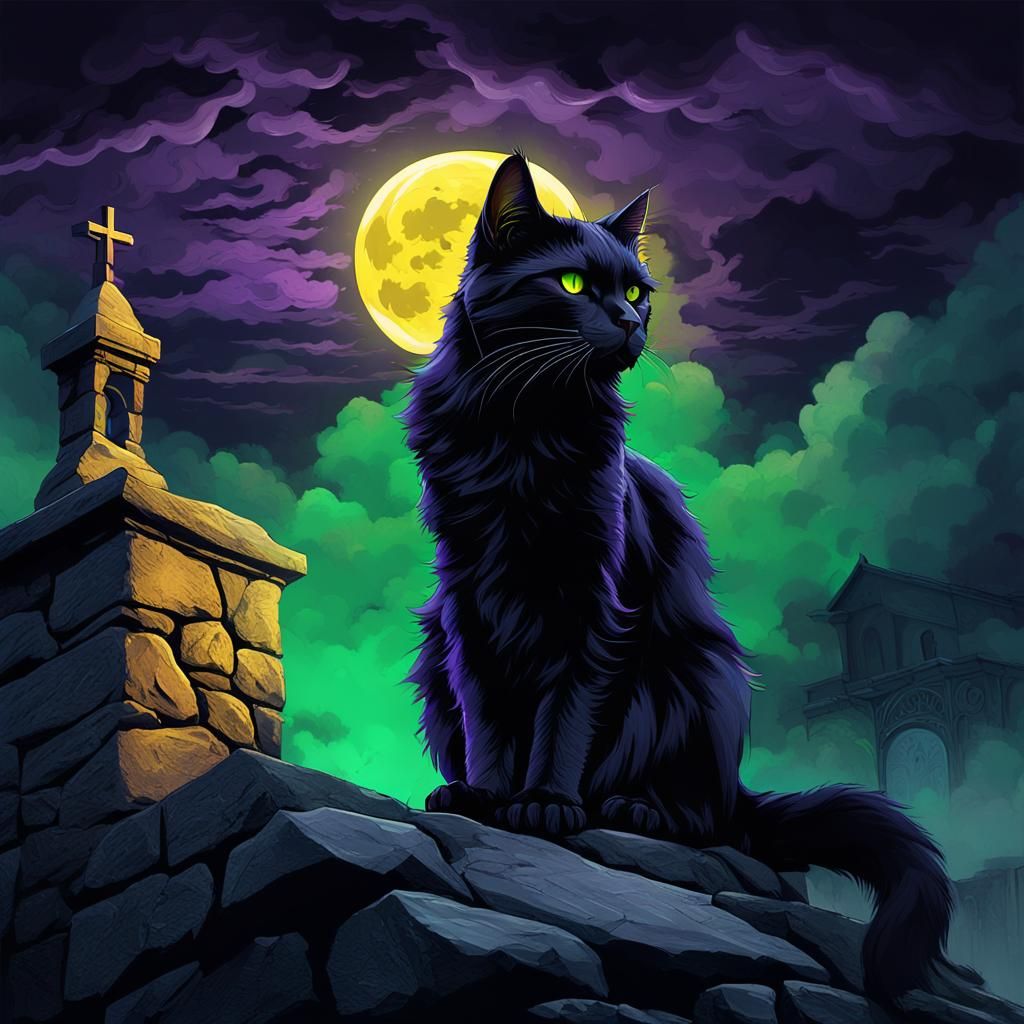 superstition, Friday the 13th, black cat with bright green eyes sitting on stone built wall, dark clouds, ...  by @Heather