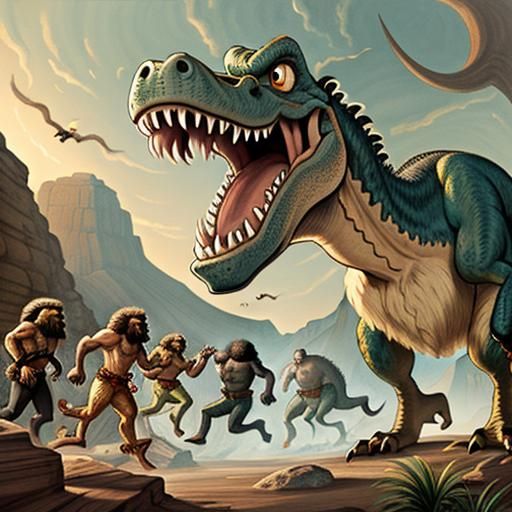 a caveman drawing where cave people are runing from Trex