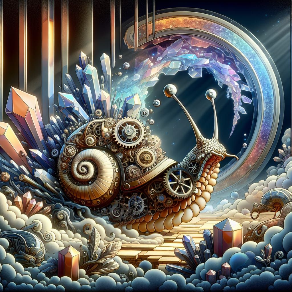 Ethereal Crystalline Metamorphosis Cubism, a steampunk snail entering a magical portal to an alien world, ...  by @Charlotte