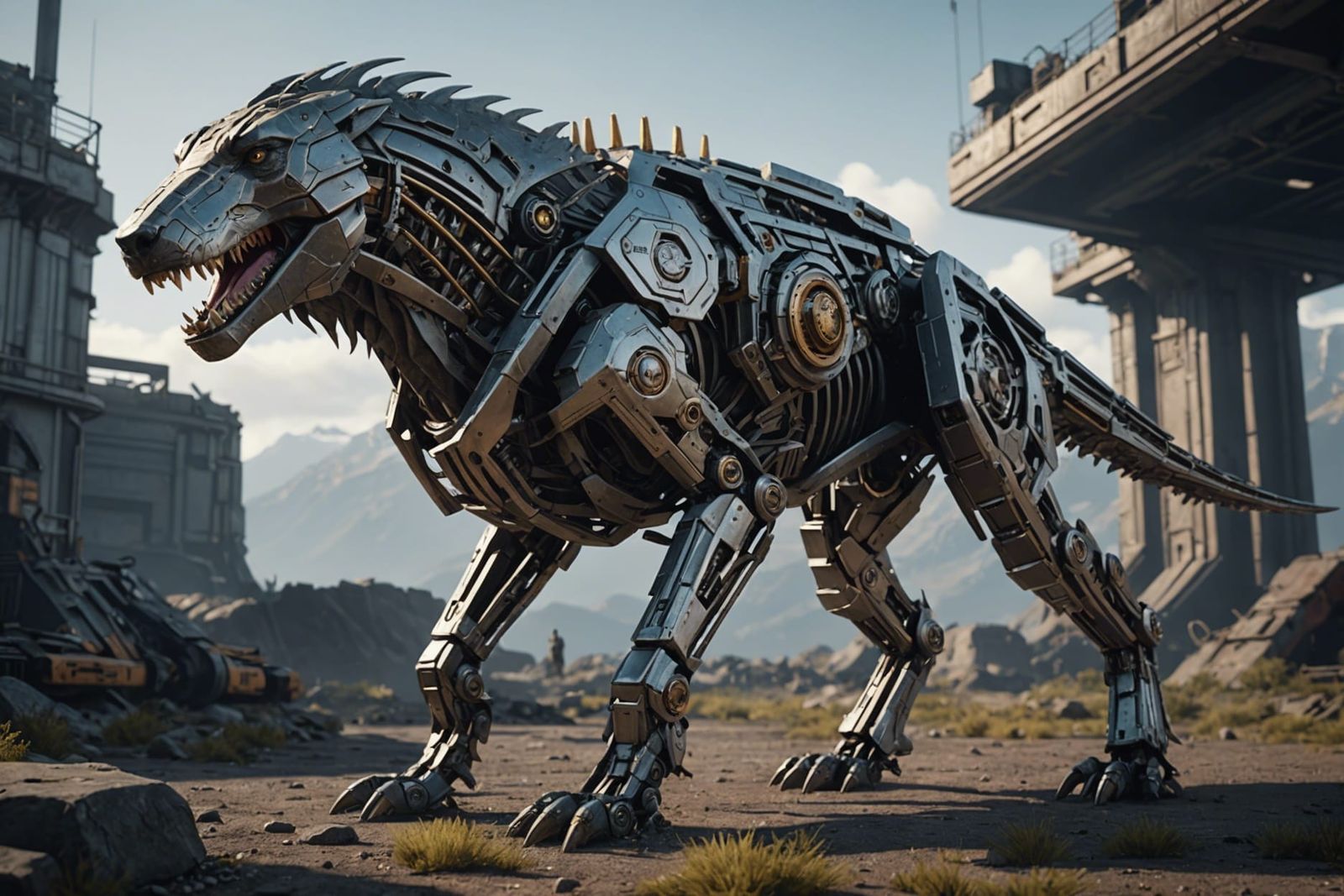 Scottish Deerhound and T-rex fusion intricate mech details, ...