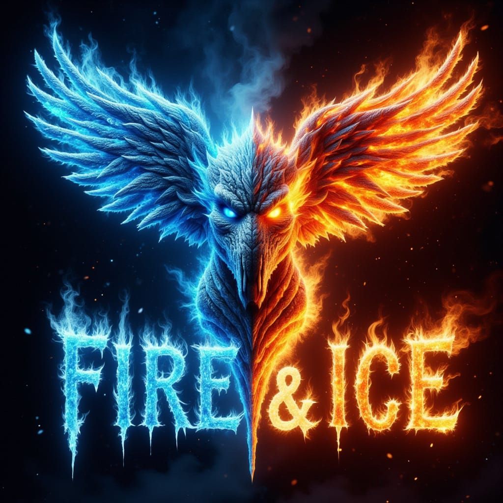 A banner with text "Omnious" in icy letters and a sign with text "Fire & Ice" in flaming letters <lora:-Omnious FIRE n ICE-:0.75>