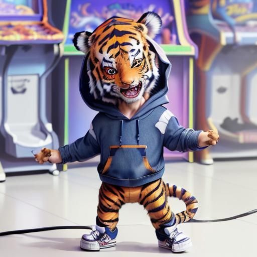 (Anthropomorphic male tiger cub wear a hoodie and wear blue ...