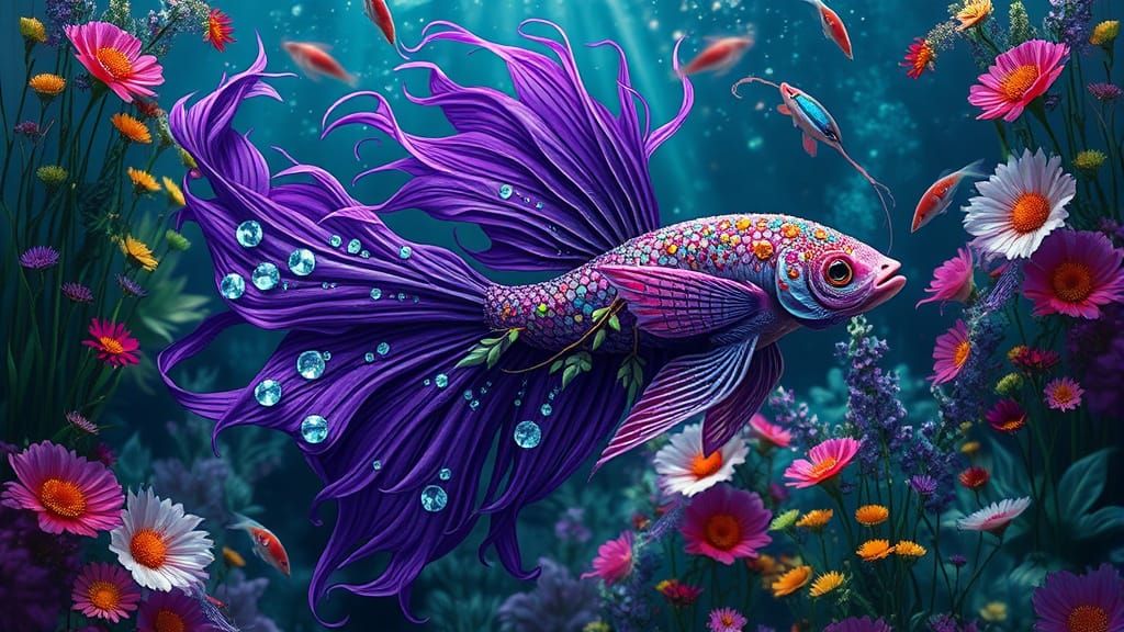 Purple Druidcore Betta Fish Mermaid in the ocean, underwater scene, colorful flowers, colorful background, ...  by @Carlos