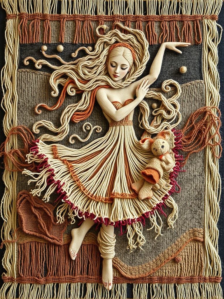 Woven Tapestry Surrealism, natural-dyed wool, metallic thread, silk, dance  by @BunnyBear 