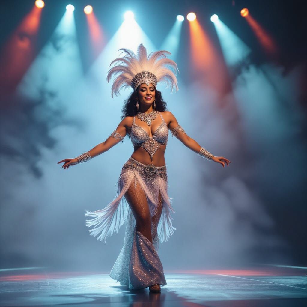 A vintage performer in shimmering sequins and a feathered headdress dances under dazzling stage lights. She moves gracefully to the music. B...