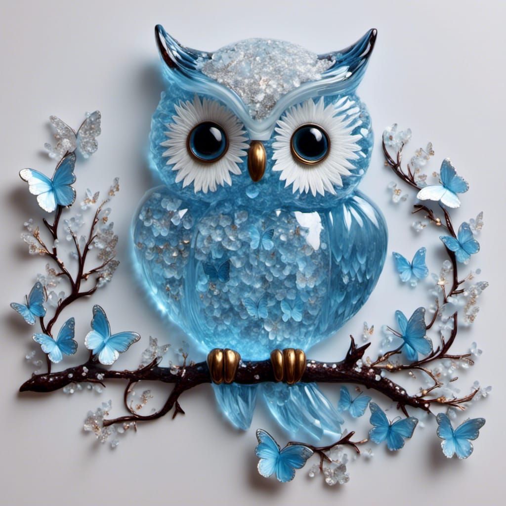 A owl made completely of glass light blue butterflies white glitter<lora:Owls:1.0>