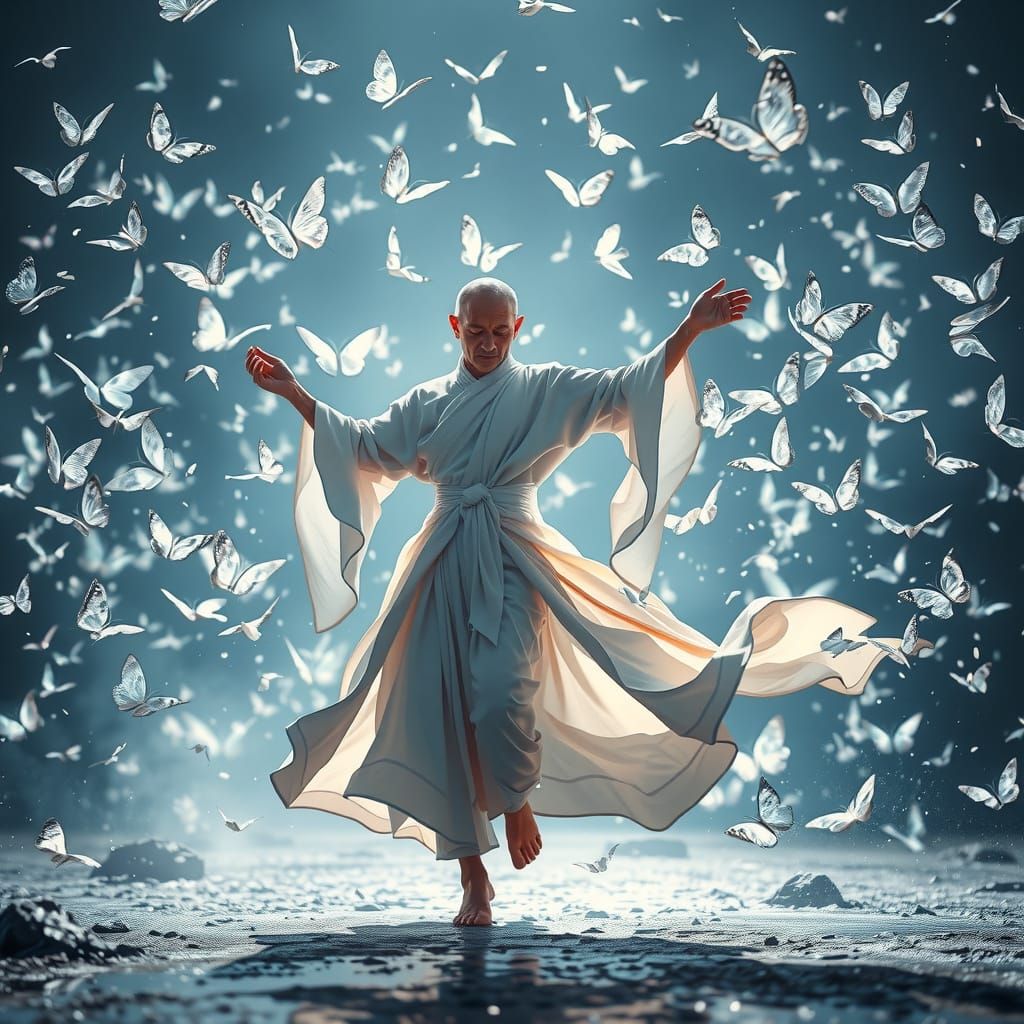 Monk's Ballet with Silver Butterflies in Futuristic Style
