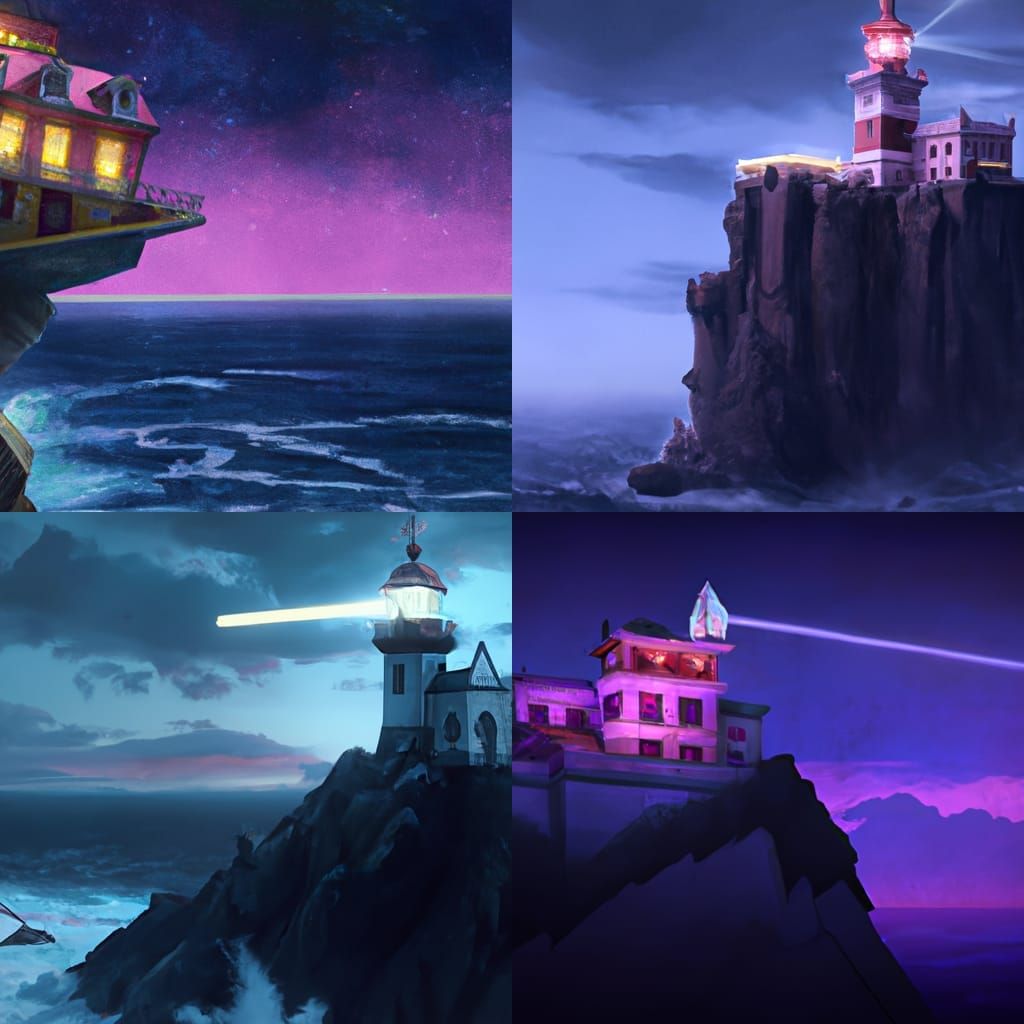169 aspect ratio picture of lighthouse on a cliff by the sea at night