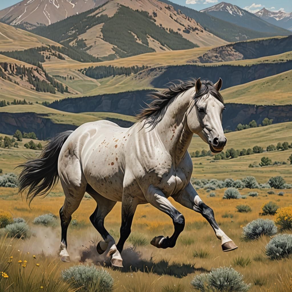 single medicine hat stallion running meadow mountains backgr...