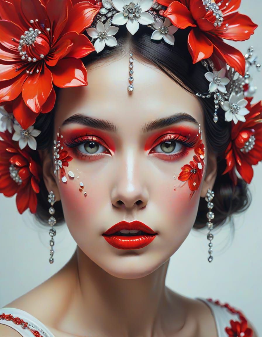Surreal Woman with Red Flower Headpiece in Oil Paint