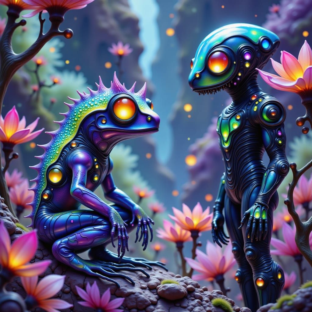 A bioluminescent alien poison dart frog, with iridescent skin and glowing, multifaceted eyes, observes a human space trooper who is explorin...