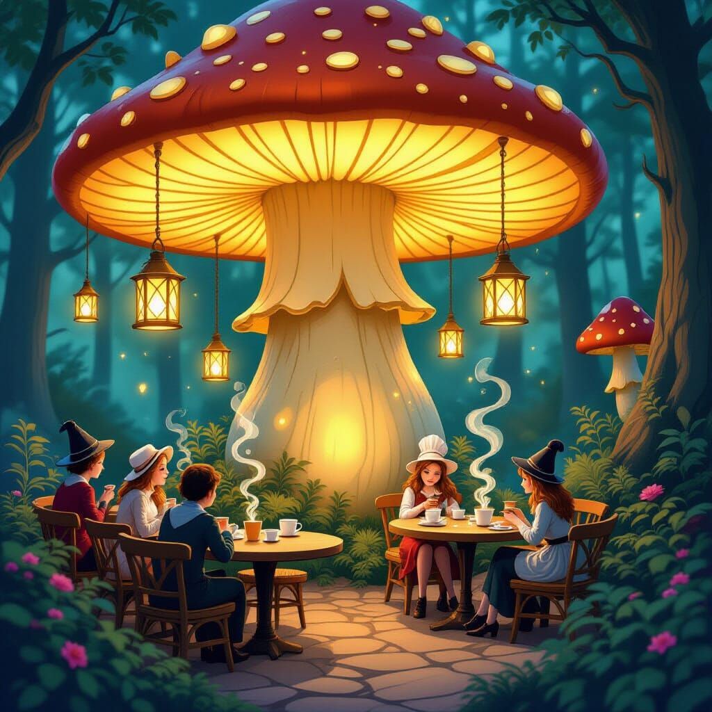 A whimsical cat with fur patterned like a starry night sky, perched on a moss-covered branch overlooking a mystical forest clearing. Firefli... - Start Image 2