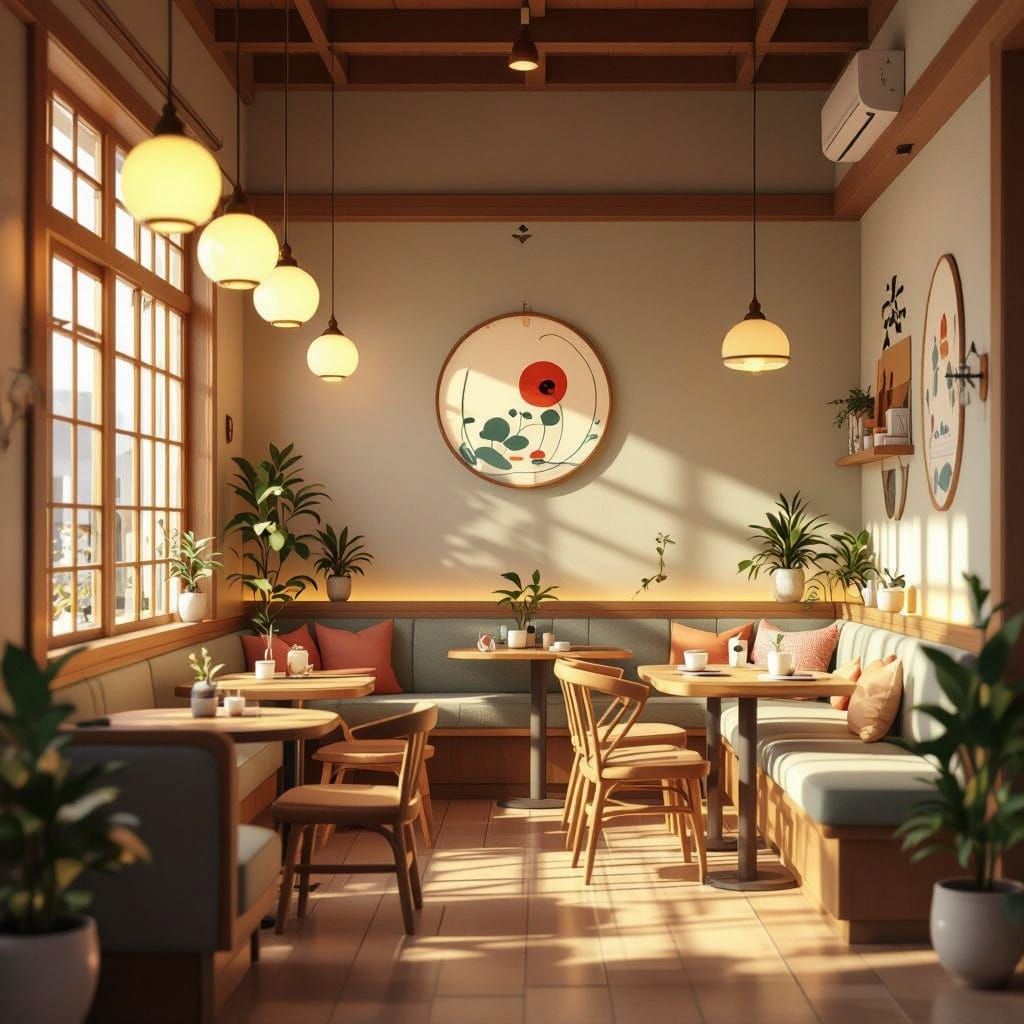 Cozy Korean Cafe in Soft Pastel Hues and Traditional Motifs