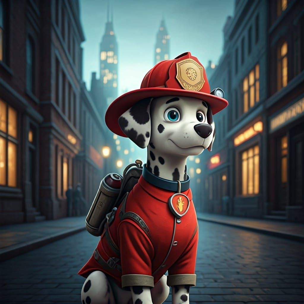 Marshall the Dalmatian Fireman in Dreamy Cityscape