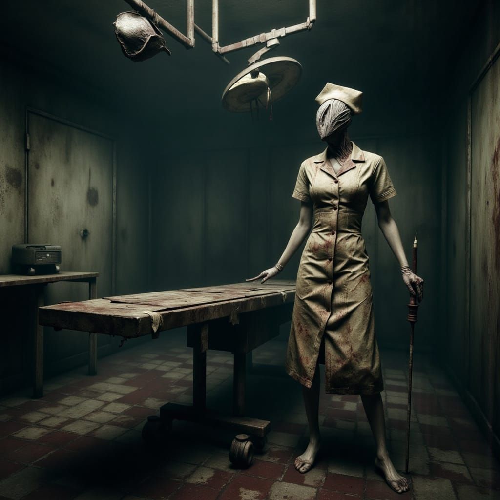 A silent hill nurse stands in a contorted stance next to an operating table in an abandoned operating room. The nurse is holding an old syri...