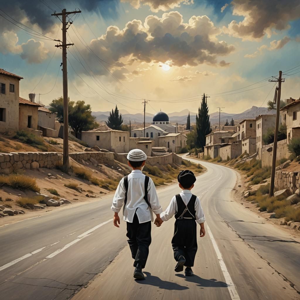 Chassidic Boy Walks Empty Road: Fantasy Art
