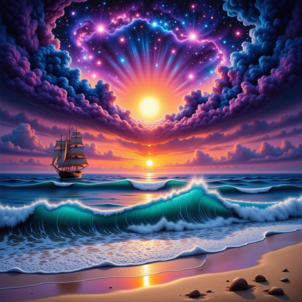 <lora:Boats and Ships:1.0>A surreal airbrushed landscape of a ocean beach sunset double exposure ship airbrushed orange ocean sunset galaxy....