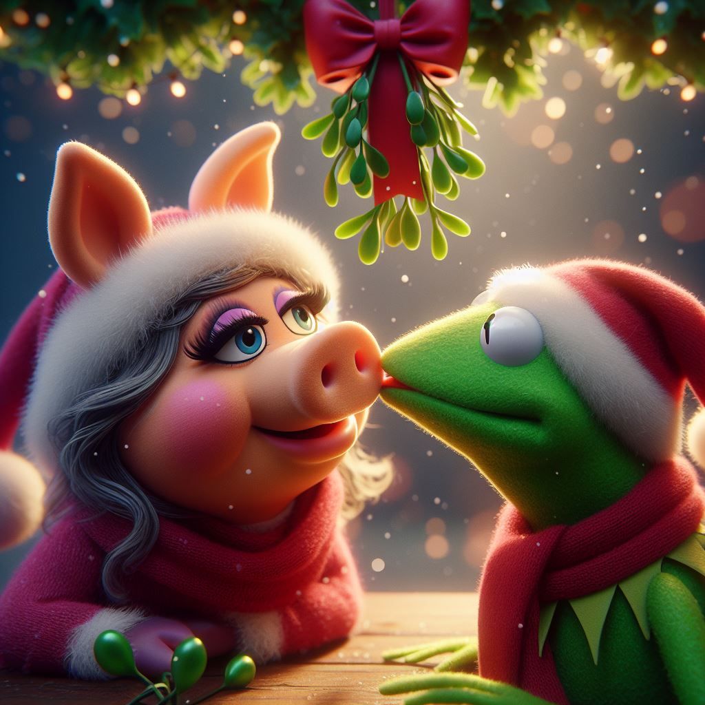 Kermit kissing Miss Piggy under the mistletoe. - AI Generated Artwork ...