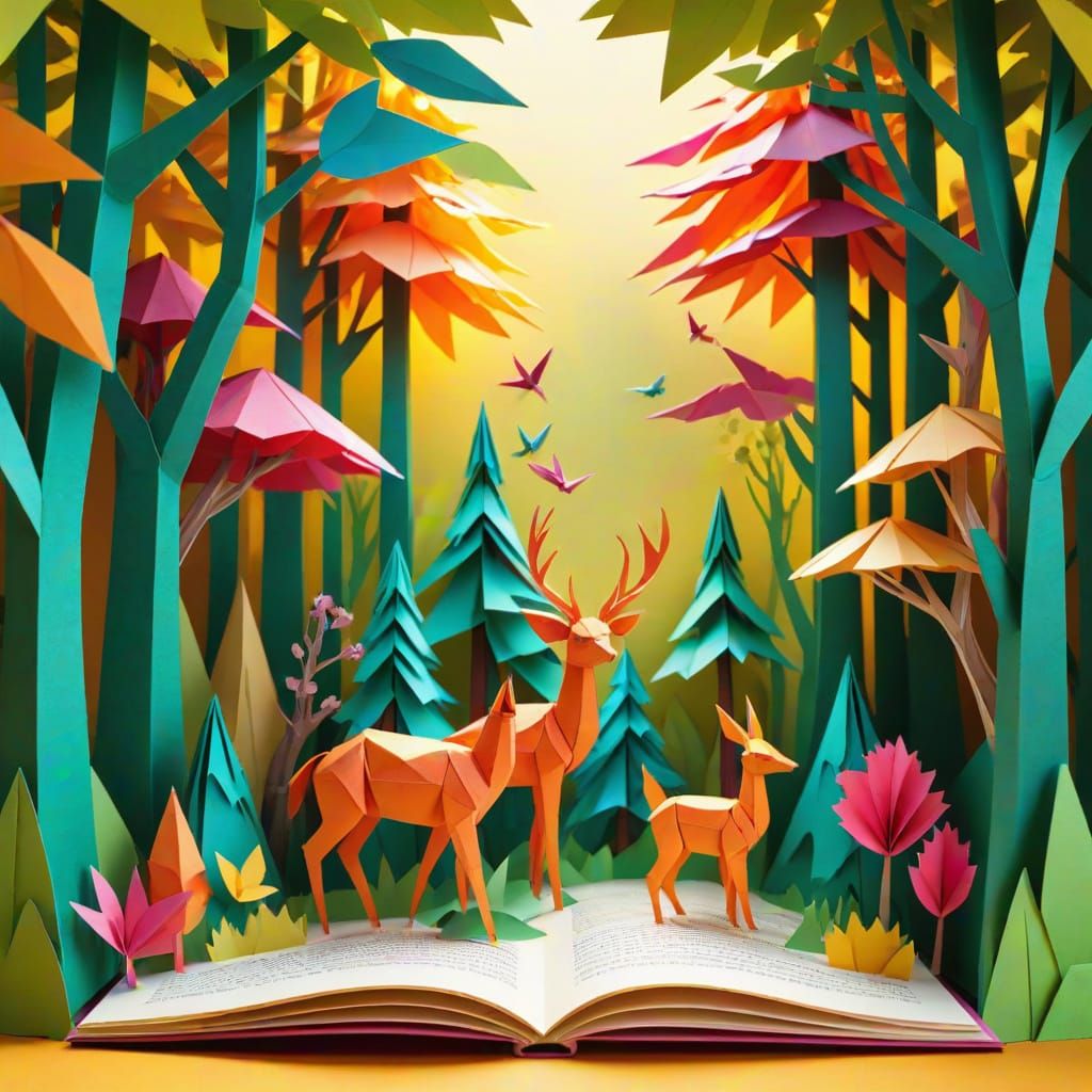 A fantastical forest where each tree is a towering, complex origami creation. Paper animals, folded from ...  by @JJackyR