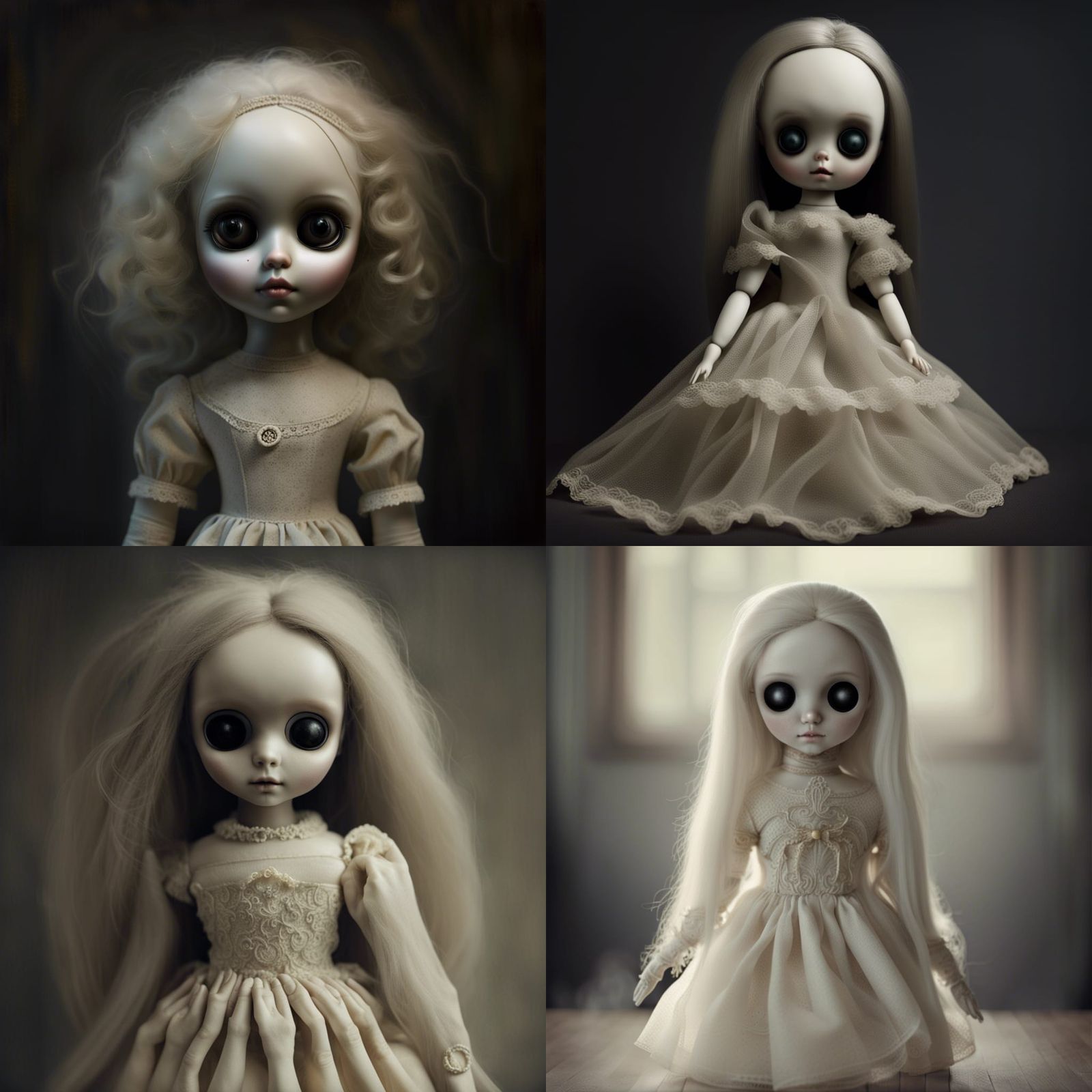 creepy feminine doll without eyes phlegmatic ghostly Saturnine AI