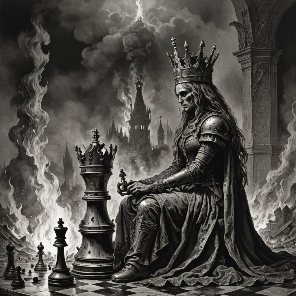 one broken chess queen piece in front of a burning world