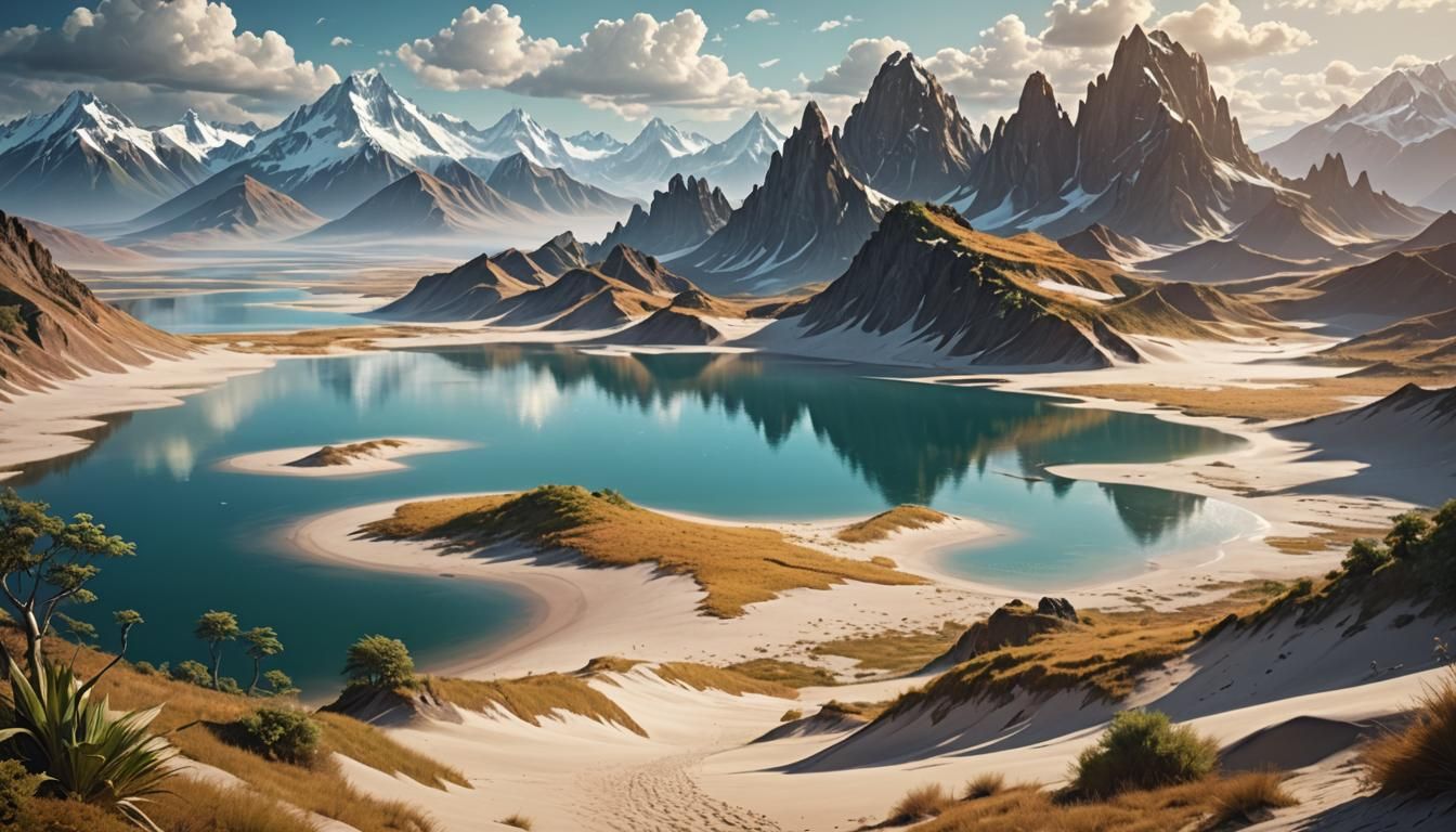 fantasy land with different kind of landscape, sand dunes, r...
