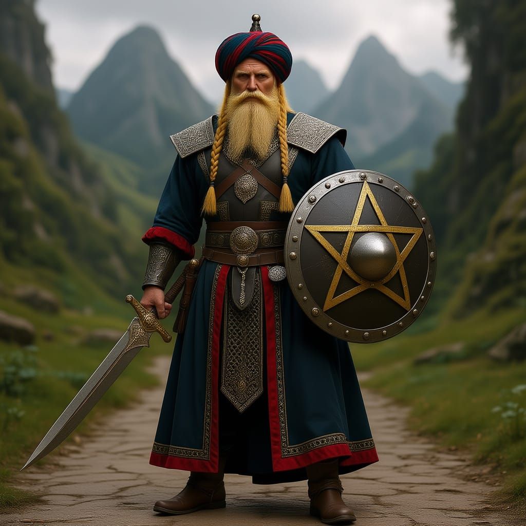 Variag of khand elit warrior in the service of the sultan of khand ally of the dark lord sauron,very tall,with scandinavian facial features,...