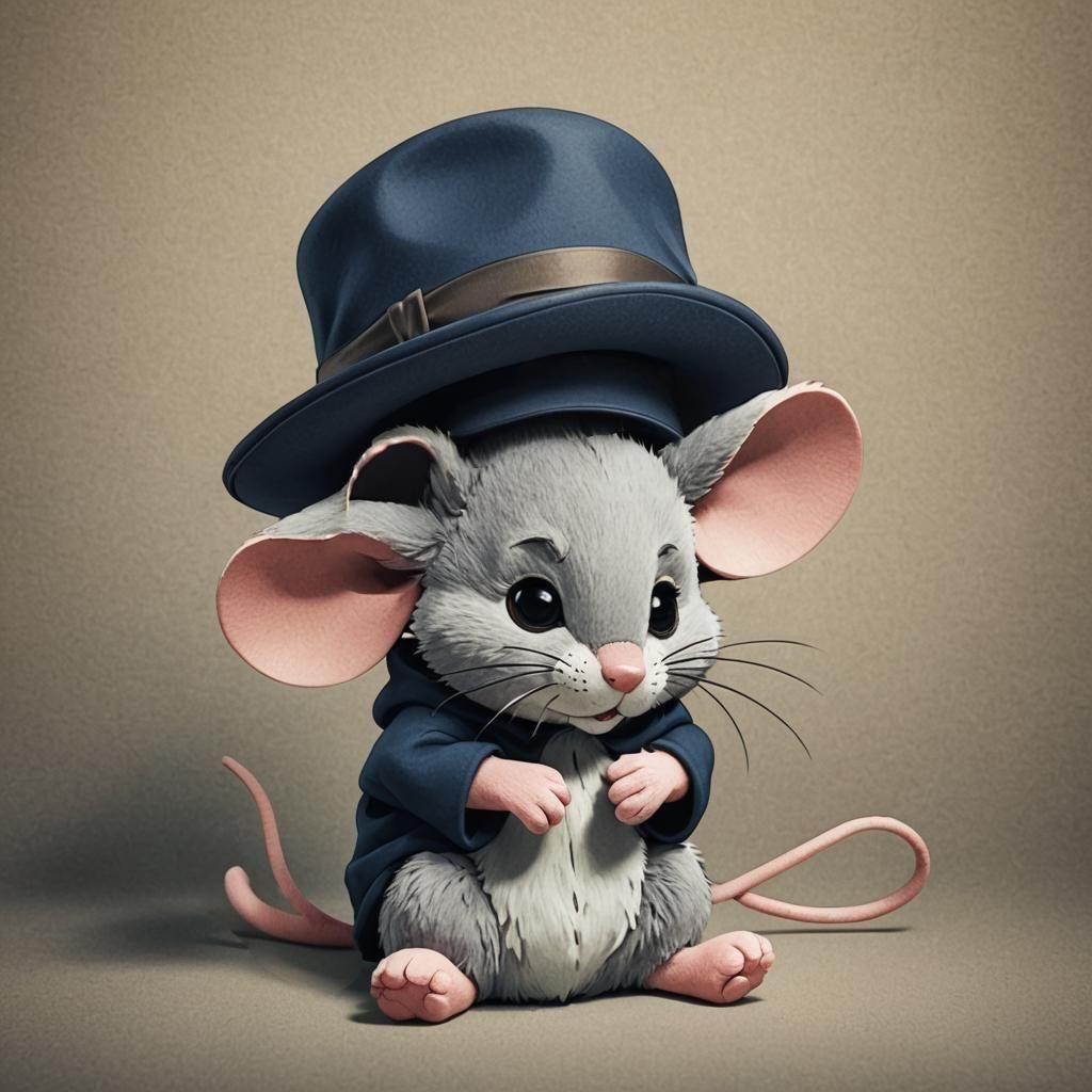 A small stuffed toy in the shape of a mouse, hiding shyly under a hat