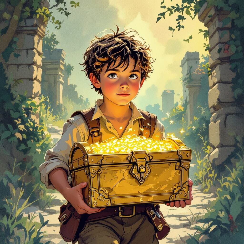 Boy Carries Golden Treasure Chest in Storybook Art