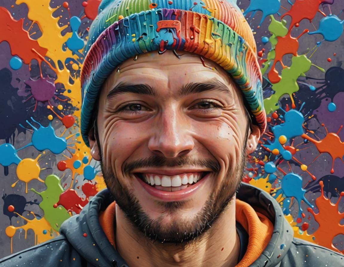 3D image of smiling man wearing a colorful beanie hat Hyperr...