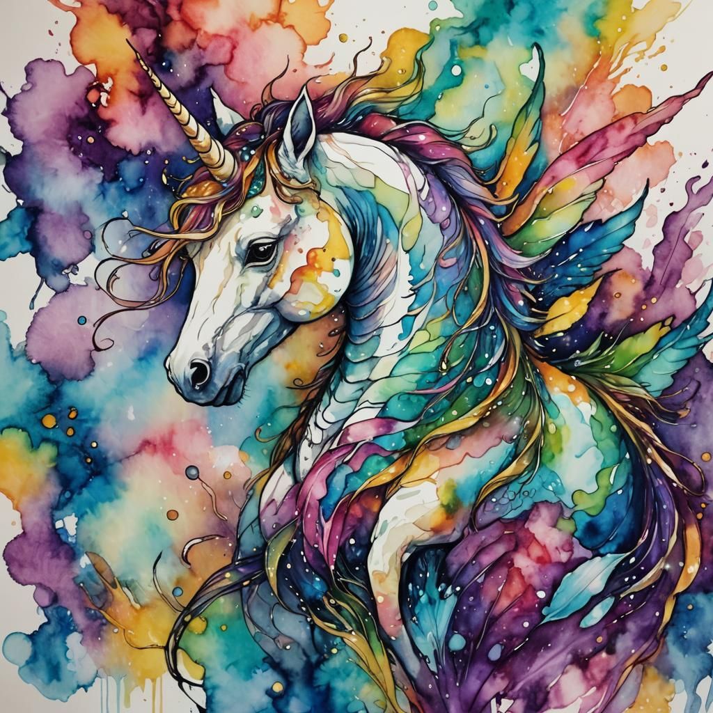 Technicolor, Alcohol Ink, Watercolor, Double Exposure, Oils, pastel horned dragon