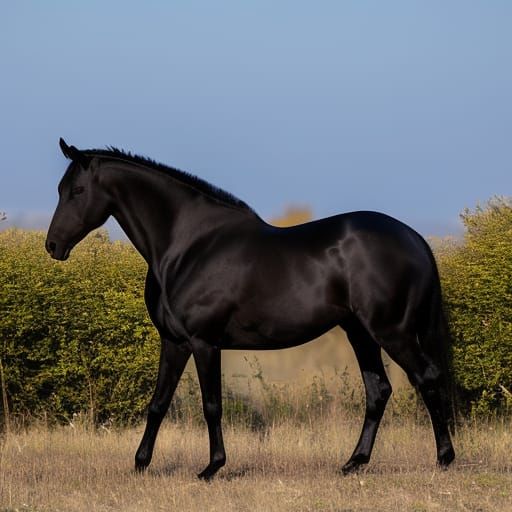 A beautifully rendered black stallion in frame standing up on hind legs.