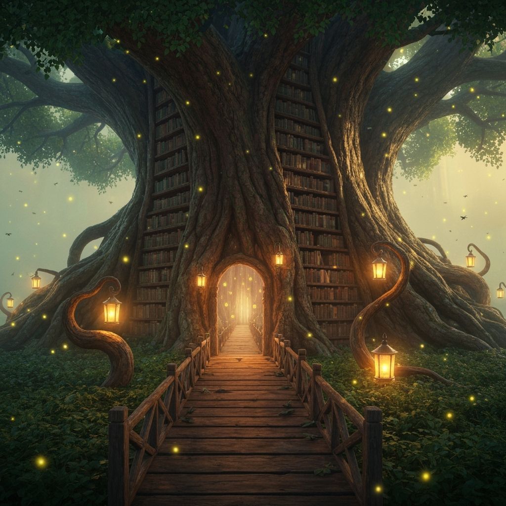 Magical Tree Library with Golden Lanterns