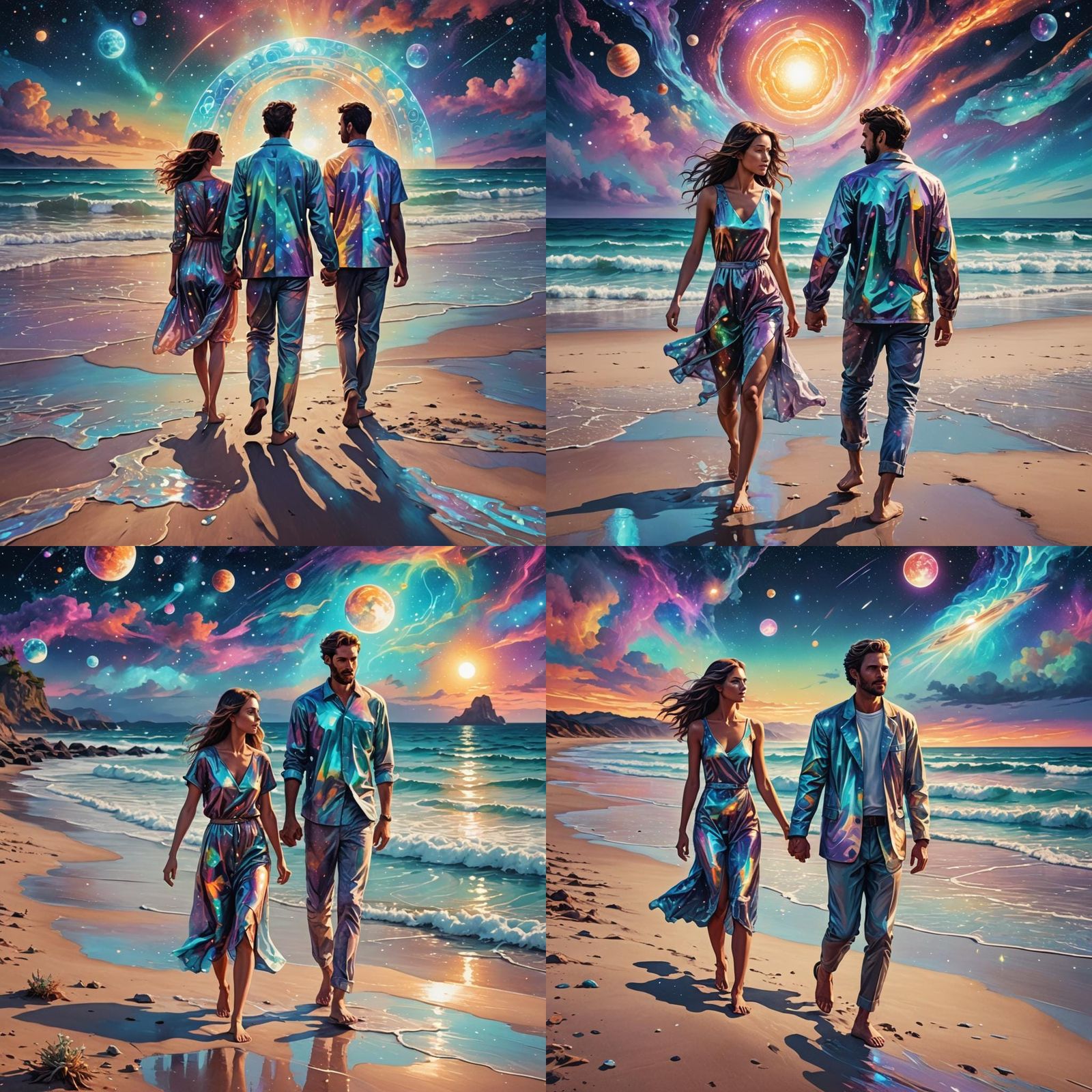 A man and woman walking on the beach