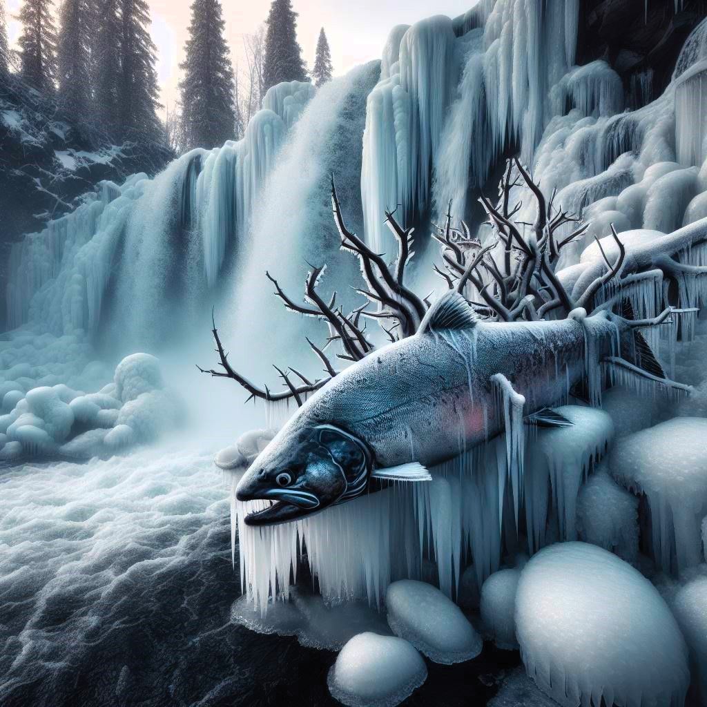 Dead Salmon Frozen in a Waterfall