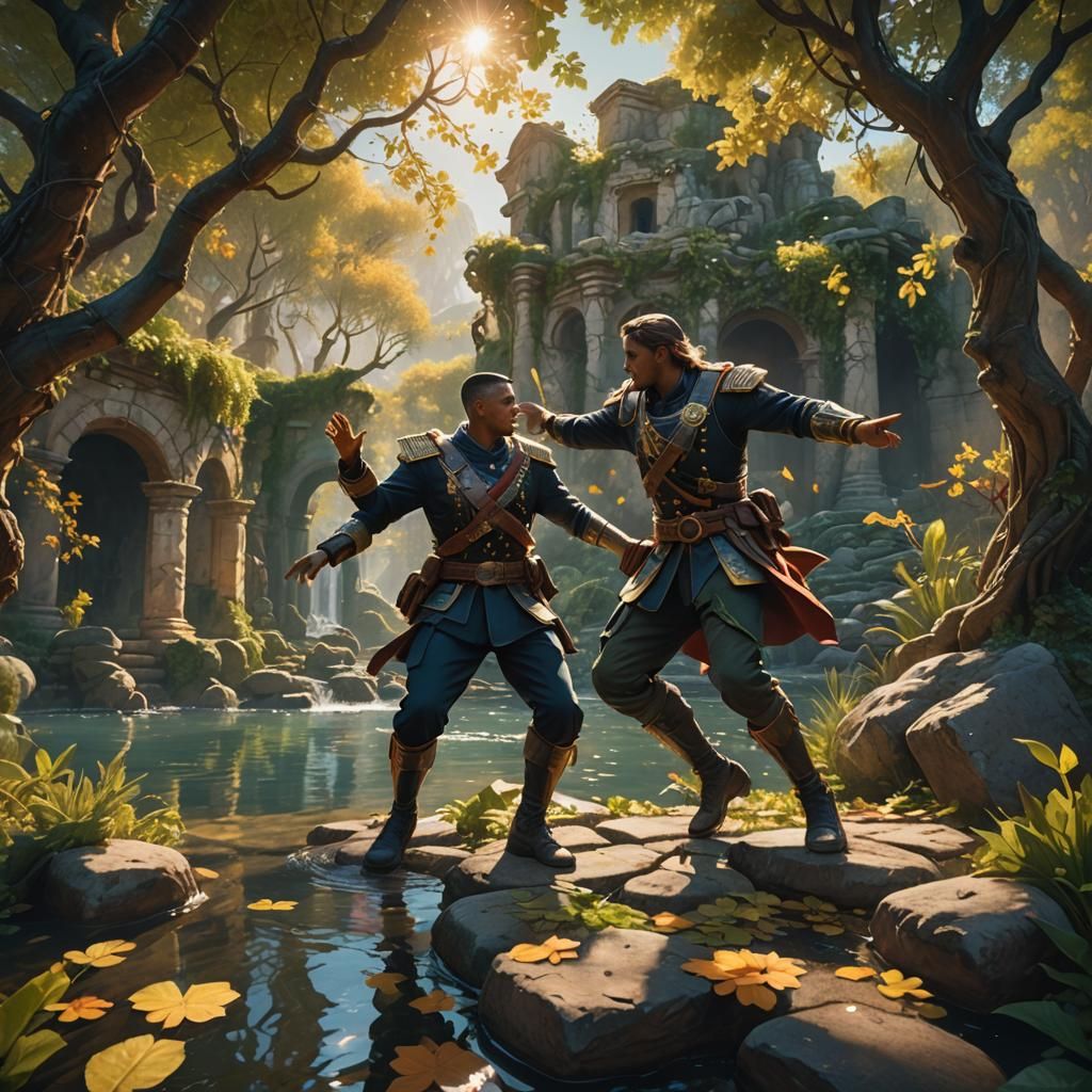 Soldier Dancing Near Spring: Vibrant Oil Painting