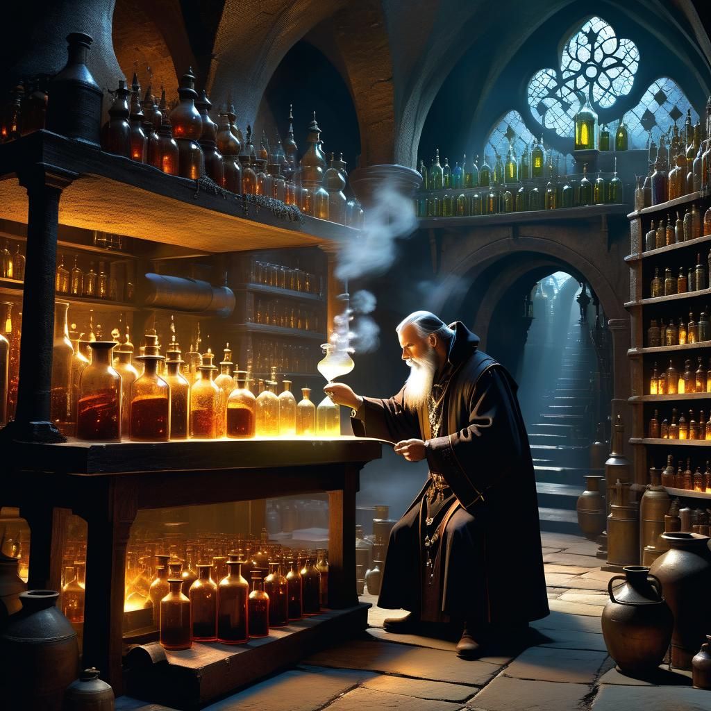 Imaginative depiction of an alchemist at work in a hidden me...
