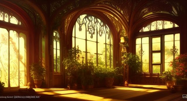 INSANELY DETAILED BEAUTIFUL EXQUISITE VICTORIAN GLASS GREENHOUSE ORNATE PATINA GREEN IRONWORK ARCOLOGY WISTERIA 16K RESOLUTION DYNAMIC INTRI...