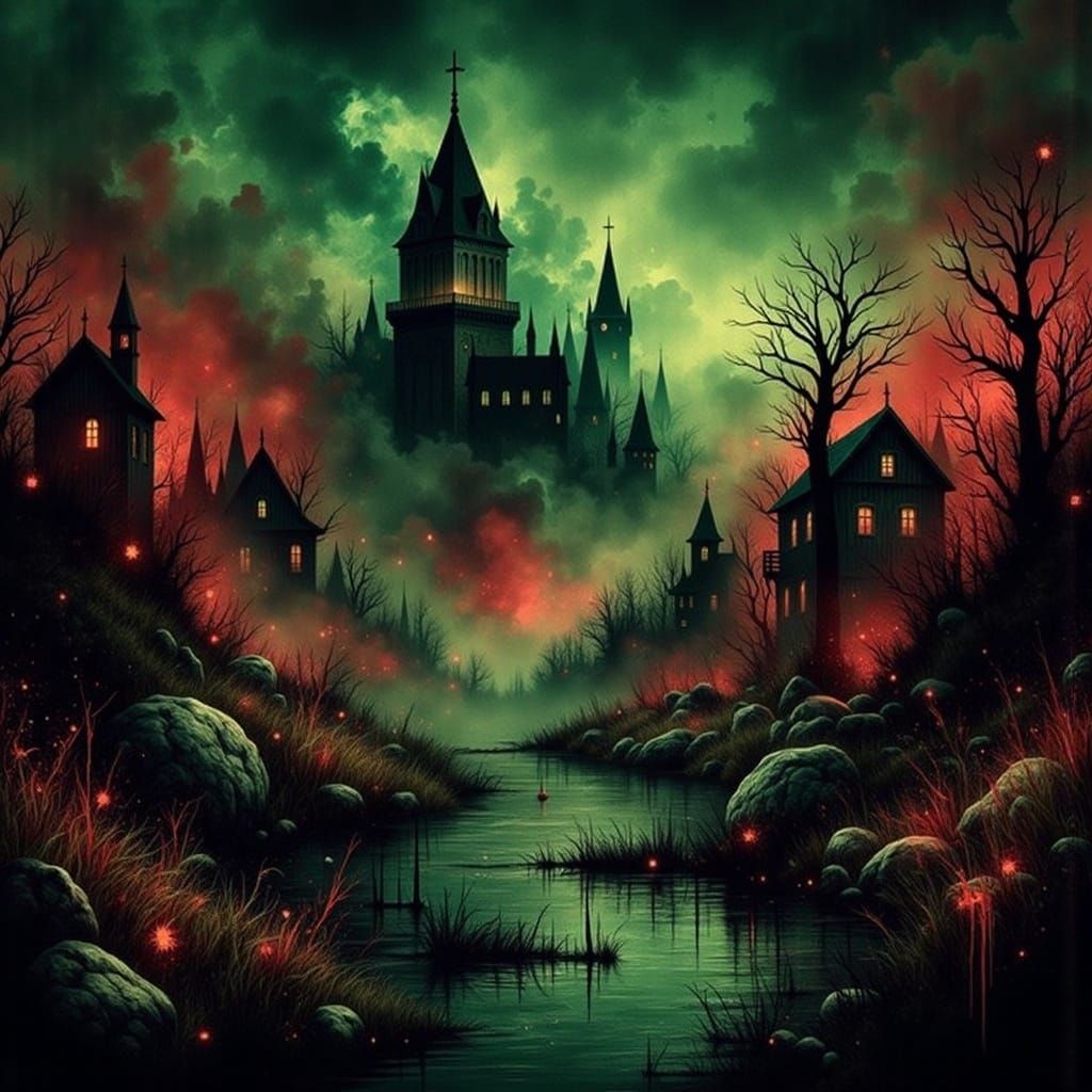 <lora:Veil of Nightmares:1.0>  Drewmscape,
dynamic lighting Gustave Doré warm colors red and green mystic fog,in the style of Creepy Magazin...