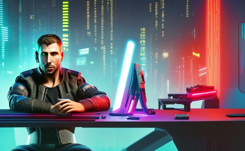  cyberpunk 2099 blade runner 2049 neon hacker sitting in fro...