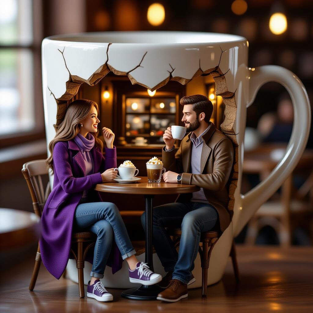 The woman is not in the cup. It was supposed to be a micro scene of a couple in love inside of cafe, which was in a coffee cup.   by @The Ruane Collective