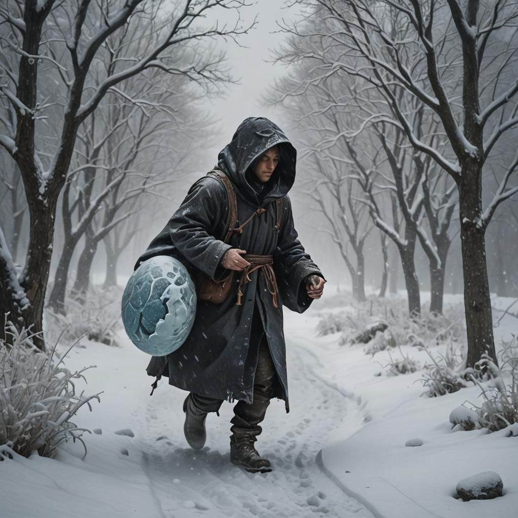 A hooded traveler trudging through a snowstorm, clasping a s...