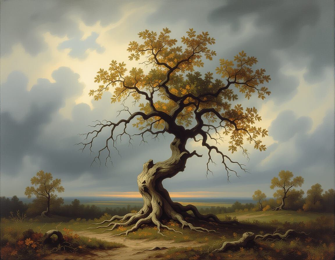Melancholic Tree in Desolate Landscape Oil Painting