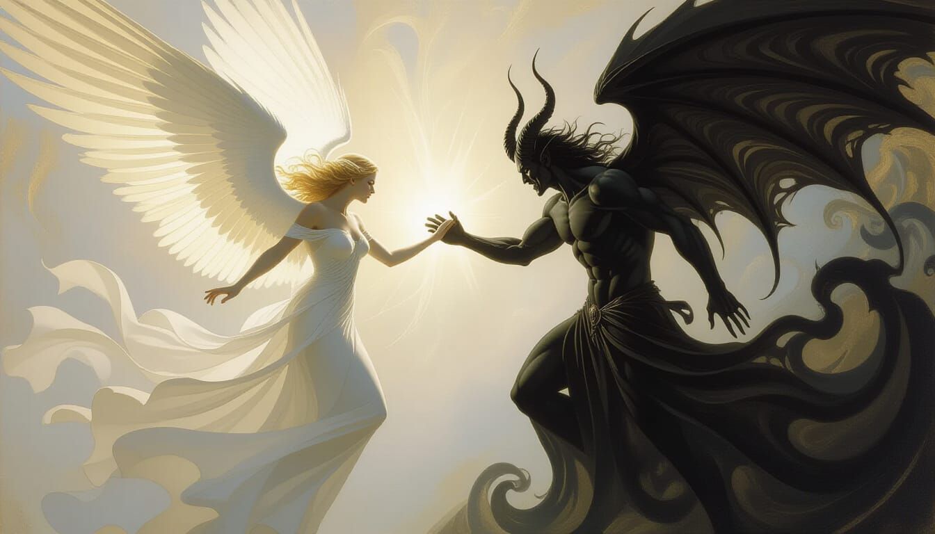 A celestial dance between a radiant angel and a shadowy demon, their forms intertwined in an eternal ...  by @dmaster1968