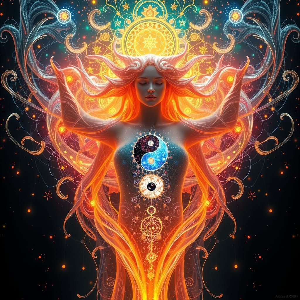 Ethereal Being Embodies Yin and Yang Harmony in Cyberpunk St...