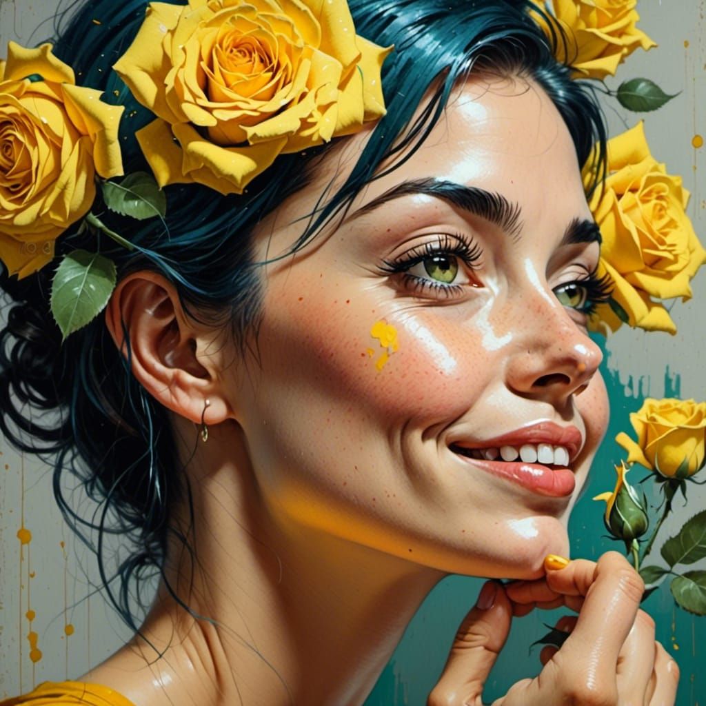 <lora:Vivid Femme Faces:1.0> A columbian woman smelling a yellow rose, vivid, close up 