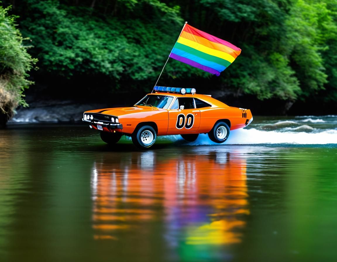 The General Lee car from the Dukes of Hazard jumping over a river with a ( Gay Pride Flag:1.5) painted on the roof. Professional photography,... - AI  Generated Artwork - NightCafe Creator