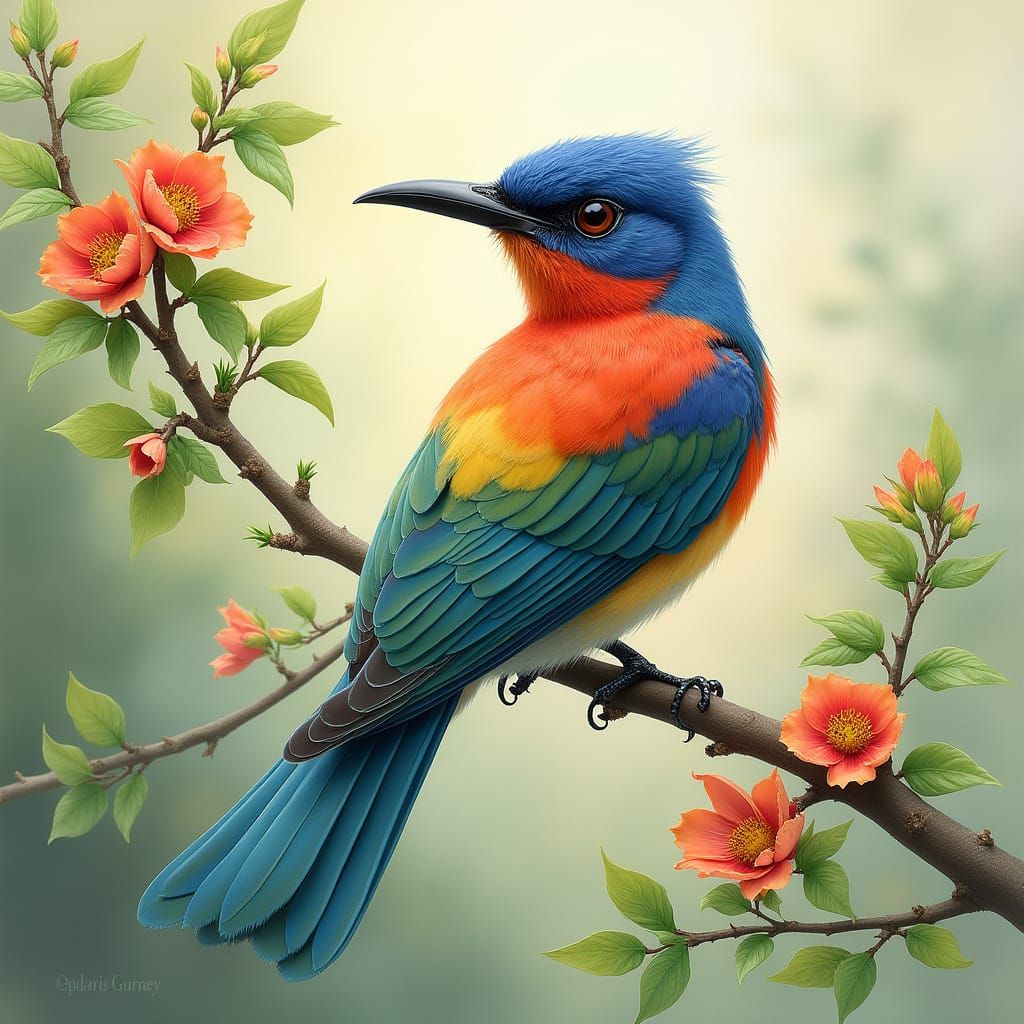 Vibrant Bird in Whimsical Garden Setting