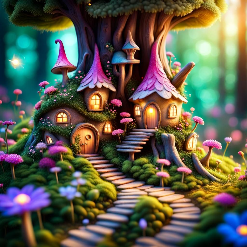 Fairy village in a forest, cute little fairy houses build in...