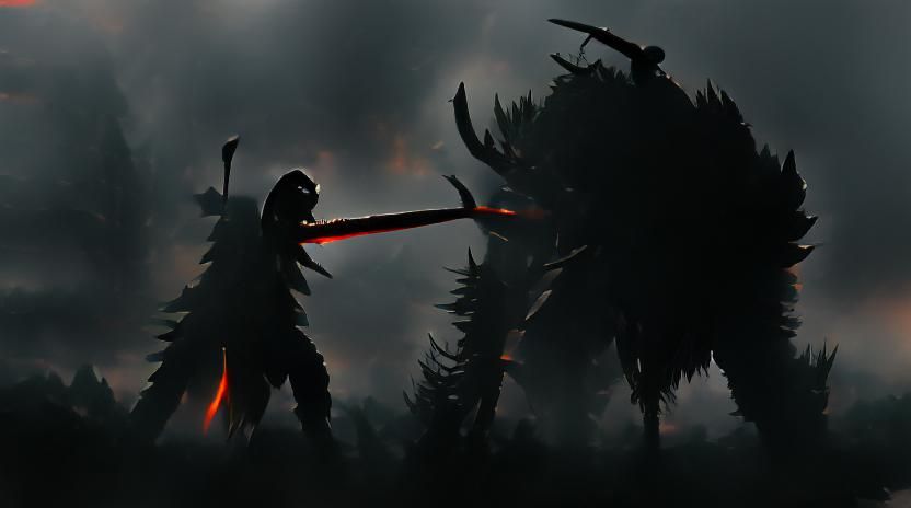 Spartan with sword fights dark spike moss beast burnt forest...